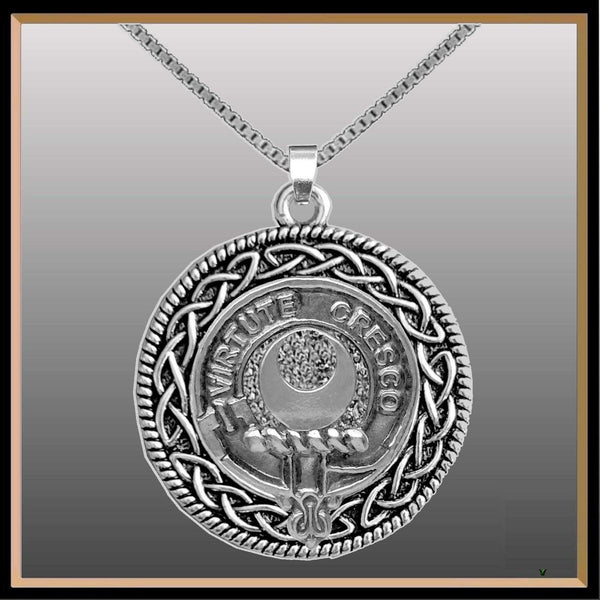 Leask Clan Crest Celtic Interlace Disk Pendant, Scottish Family Crest  ~ CLP06
