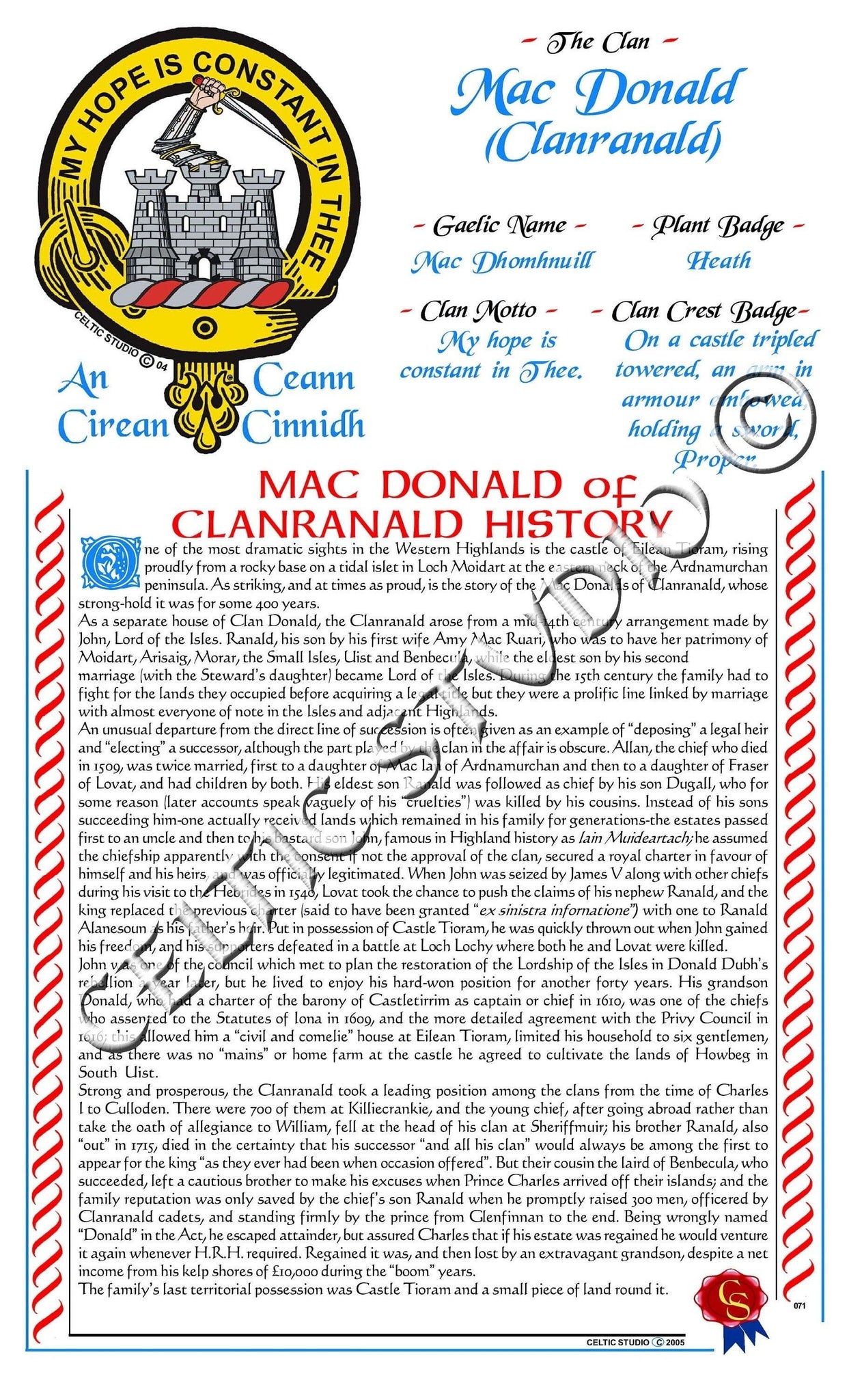 MacDonald (Clanranald) Scottish Clan History