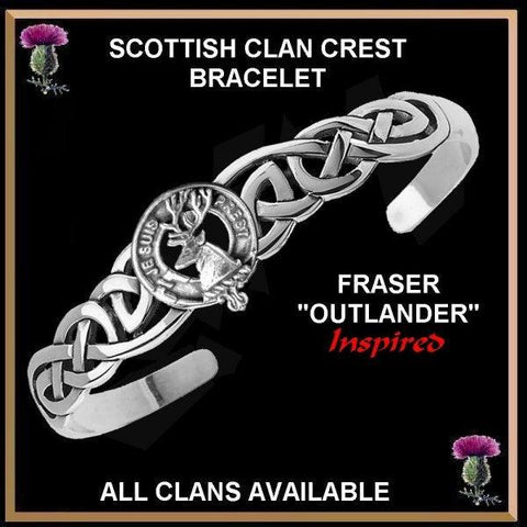 Outlander Inspired Fraser Clan Crest Celtic Cuff Bracelet, Interlace - Sterling Silver