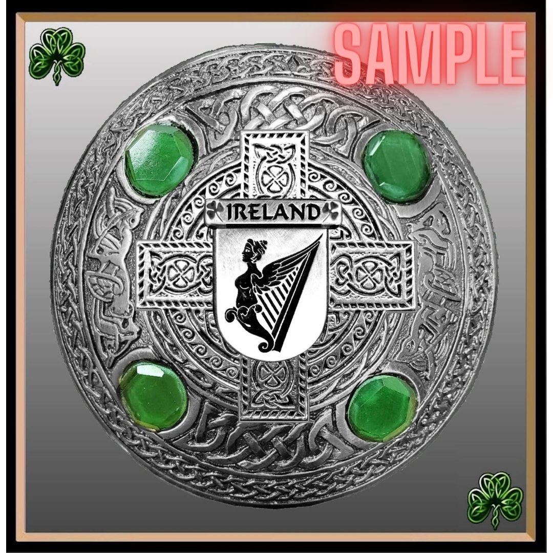 Sammons Irish Coat of Arms Celtic Design Plaid Brooch with Green Stones