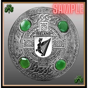 Phillips Irish Coat of Arms Celtic Design Plaid Brooch with Green Stones