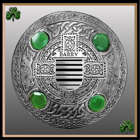 Barry Irish Coat of Arms Celtic Cross Plaid Brooch with Green Stones