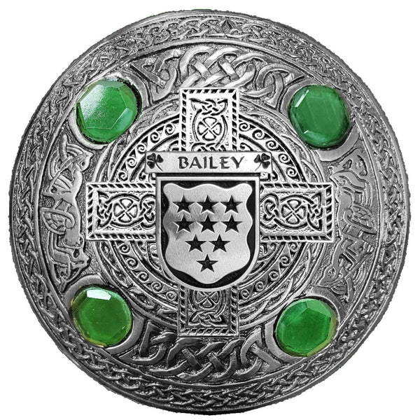 Bailey Irish Coat of Arms Celtic Cross Plaid Brooch with Green Stones