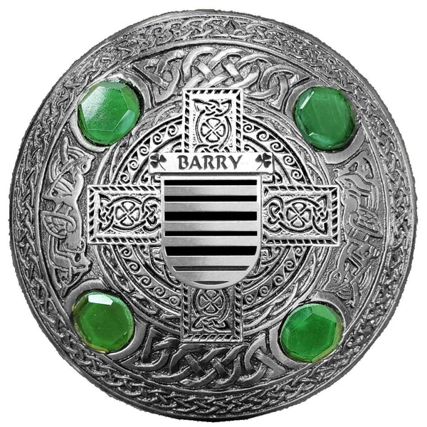 Barry Irish Coat of Arms Celtic Cross Plaid Brooch with Green Stones