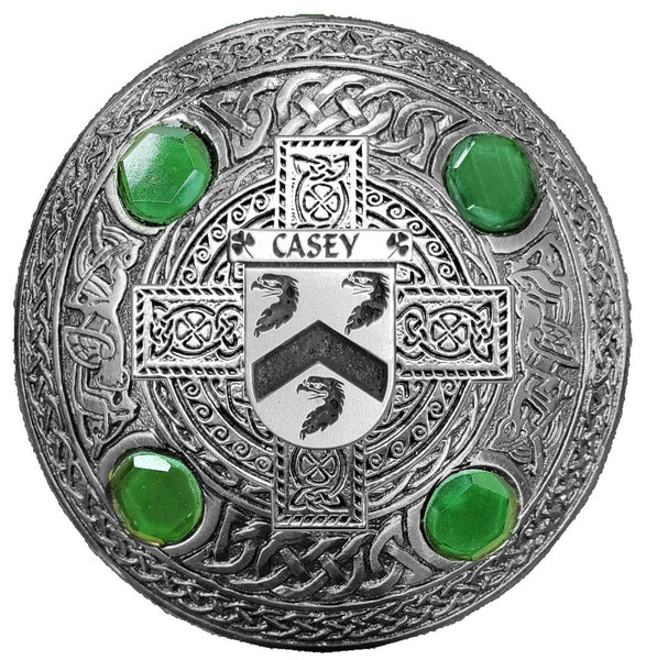 Casey Irish Coat of Arms Celtic Cross Plaid Brooch with Green Stones