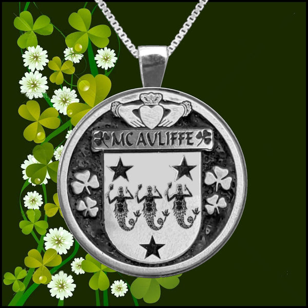 McAuliffe Irish Coat of Arms Disk Pendant, Irish