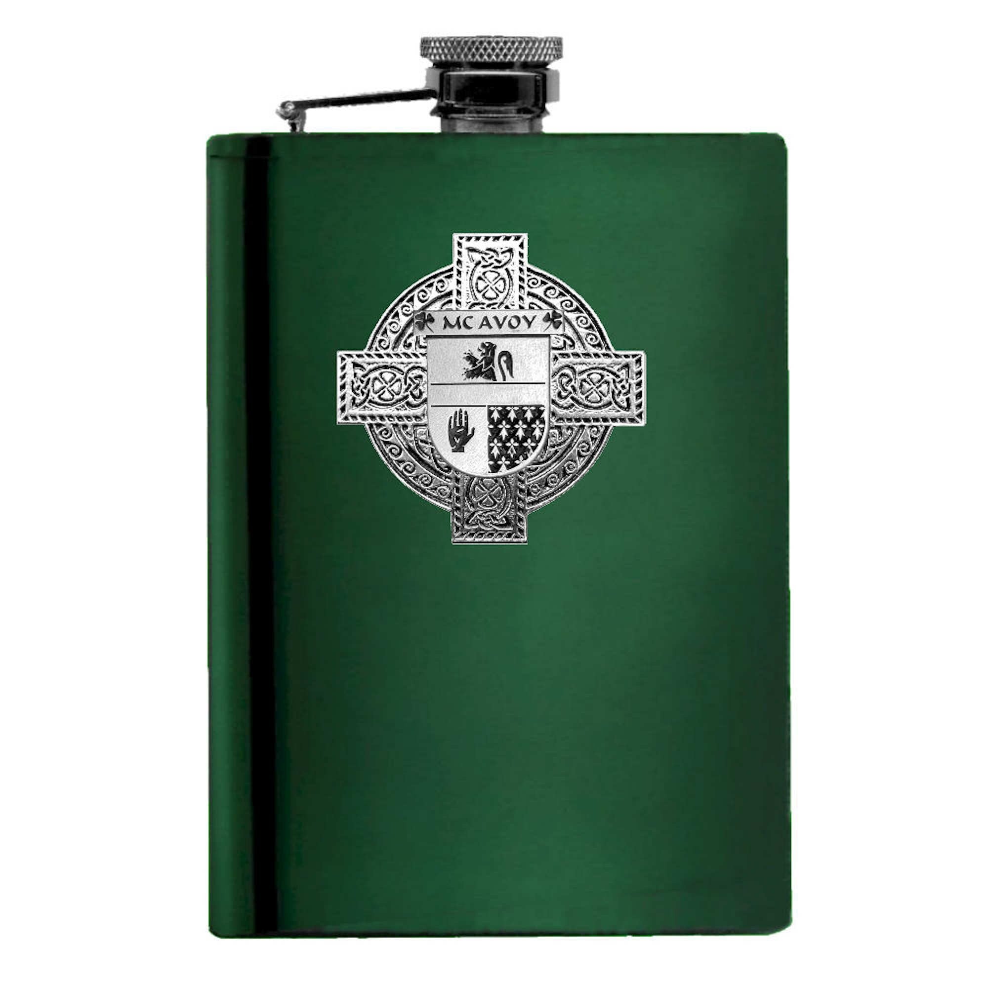 McAvoy Irish Celtic Cross Badge 8 oz. Flask Green, Black or Stainless 