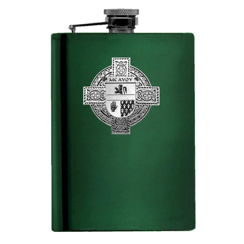 McAvoy Irish Celtic Cross Badge 8 oz. Flask Green, Black or Stainless 
