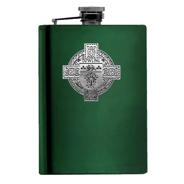 Dowling Irish Celtic Cross Badge 8 oz. Flask Green, Black or Stainless 