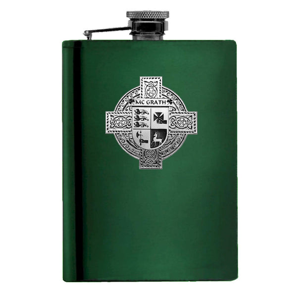McGrath Irish Celtic Cross Badge 8 oz. Flask Green, Black or Stainless 