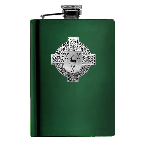 Hennessay Irish Celtic Cross Badge 8 oz. Flask Green, Black or Stainless 