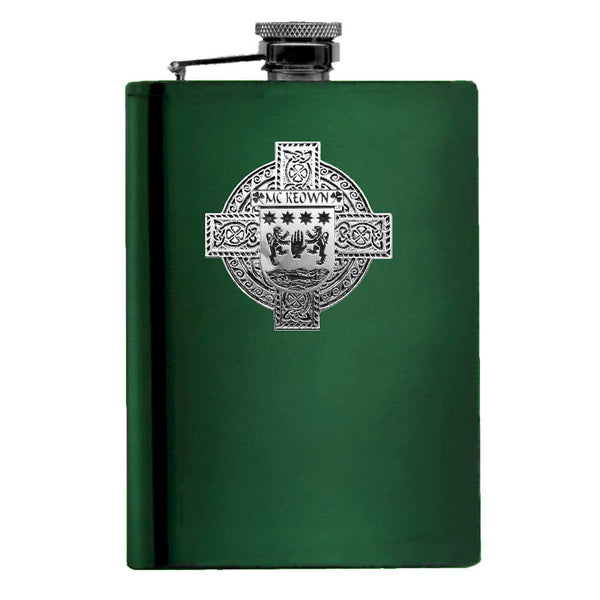 McKeown Irish Celtic Cross Badge 8 oz. Flask Green, Black or Stainless 