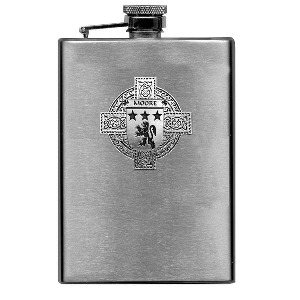 Moore Irish Celtic Cross Badge 8 oz. Flask Green, Black or Stainless 