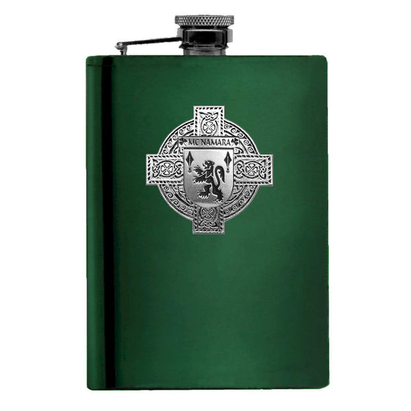 McNamara Irish Celtic Cross Badge 8 oz. Flask Green, Black or Stainless 