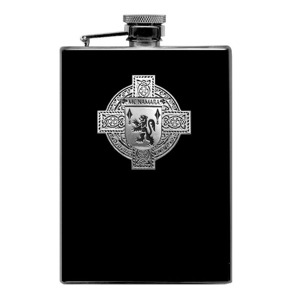 McNamara Irish Celtic Cross Badge 8 oz. Flask Green, Black or Stainless 