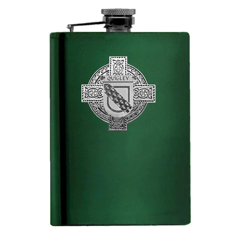 Quigley Irish Celtic Cross Badge 8 oz. Flask Green, Black or Stainless 