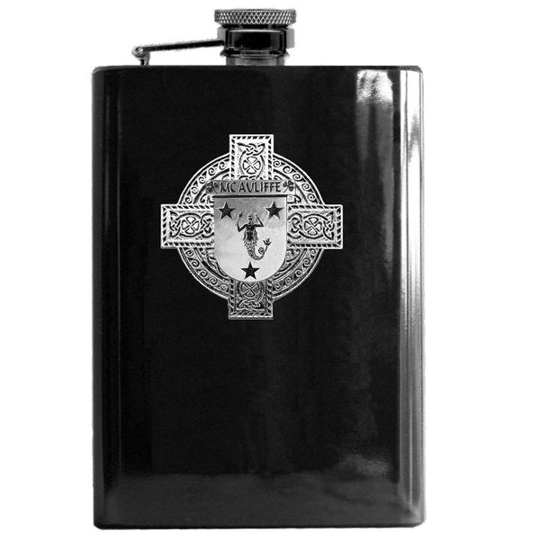 McAuliffe Irish Celtic Cross Badge 8 oz. Flask Green, Black or Stainless 