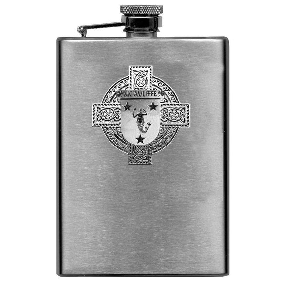McAuliffe Irish Celtic Cross Badge 8 oz. Flask Green, Black or Stainless 