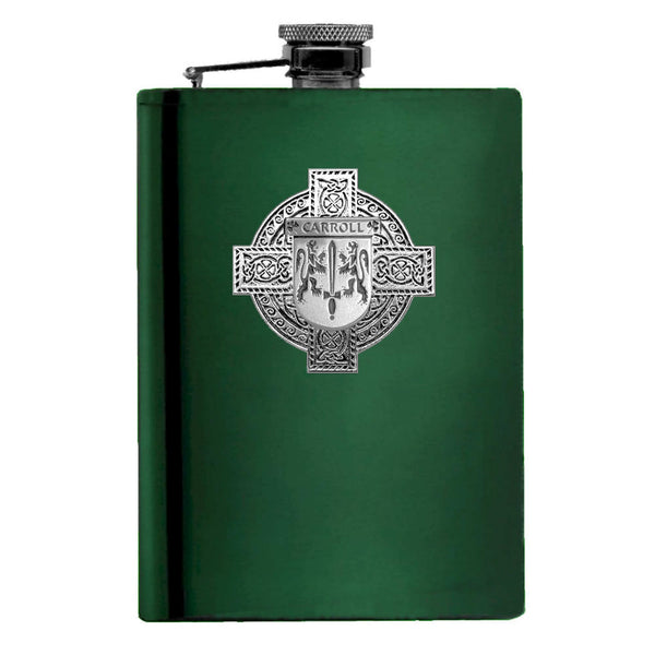 Carroll Irish Celtic Cross Badge 8 oz. Flask Green, Black or Stainless 