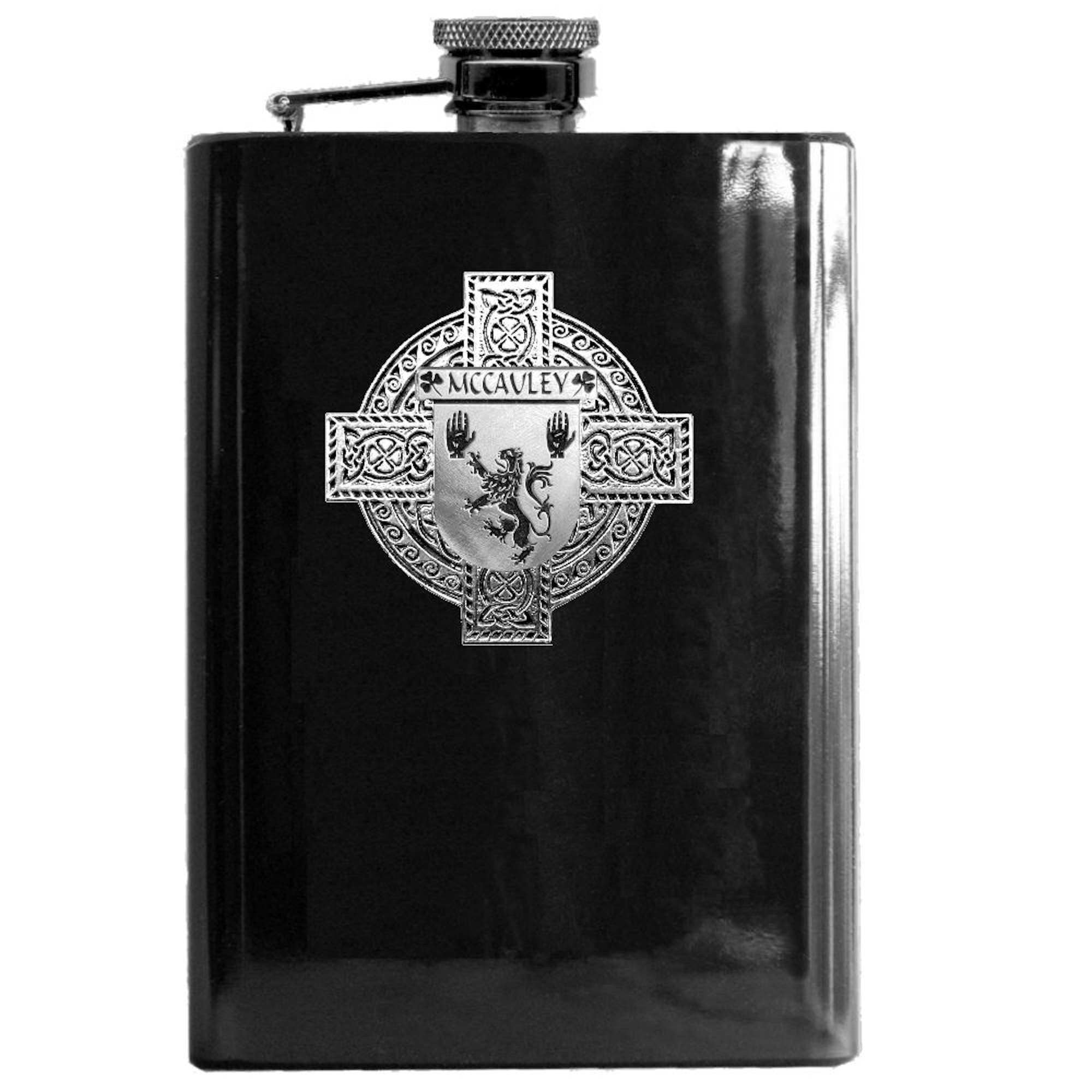 McCauley Irish Celtic Cross Badge 8 oz. Flask Green, Black or Stainless 