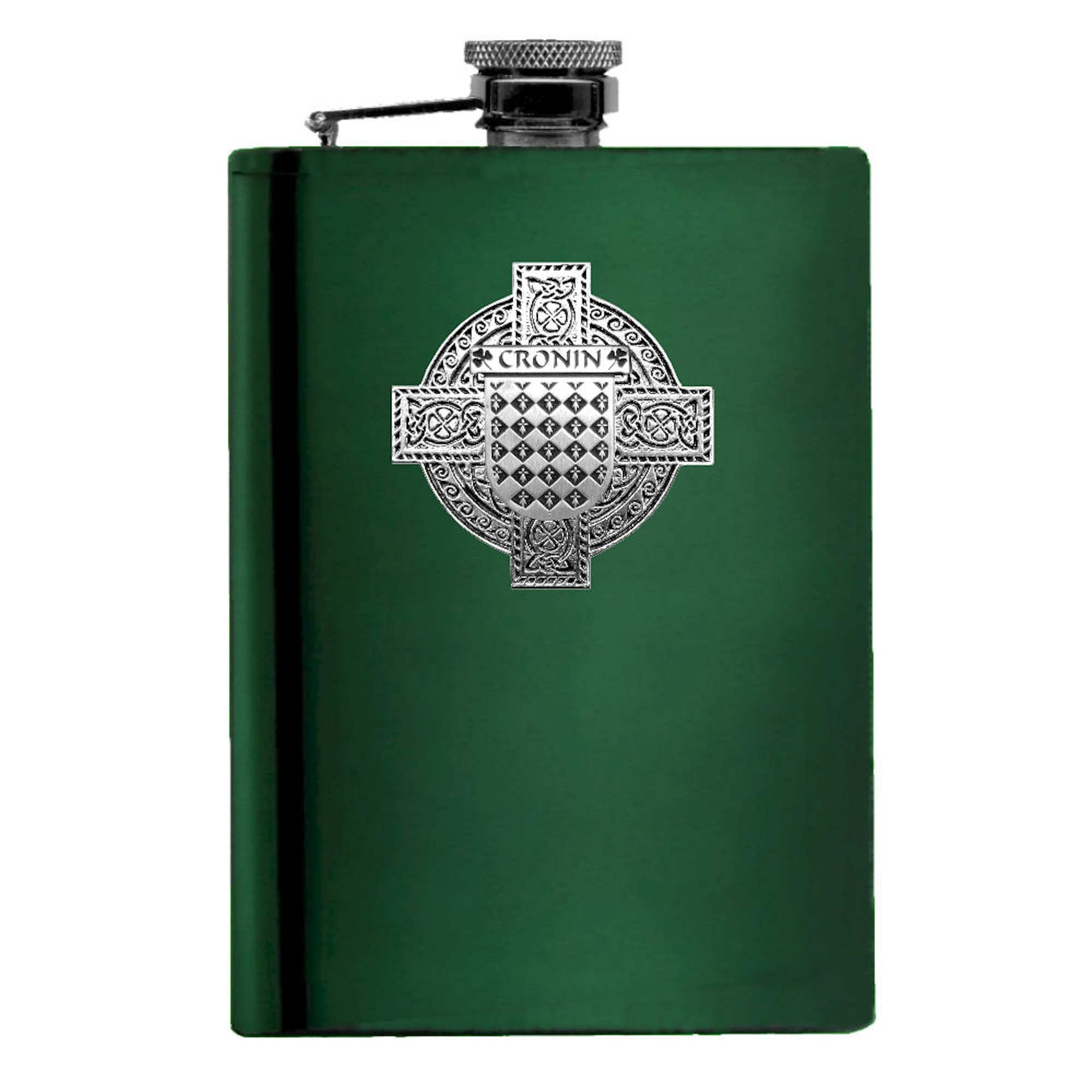Cronin Irish Celtic Cross Badge 8 oz. Flask Green, Black or Stainless 