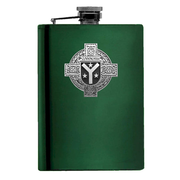 Cunningham Irish Celtic Cross Badge 8 oz. Flask Green, Black or Stainless 