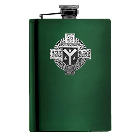 Cunningham Irish Celtic Cross Badge 8 oz. Flask Green, Black or Stainless 