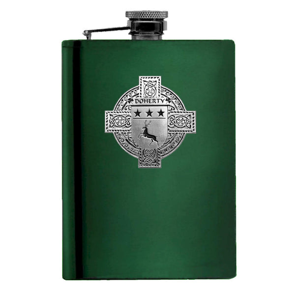Doherty Irish Celtic Cross Badge 8 oz. Flask Green, Black or Stainless 