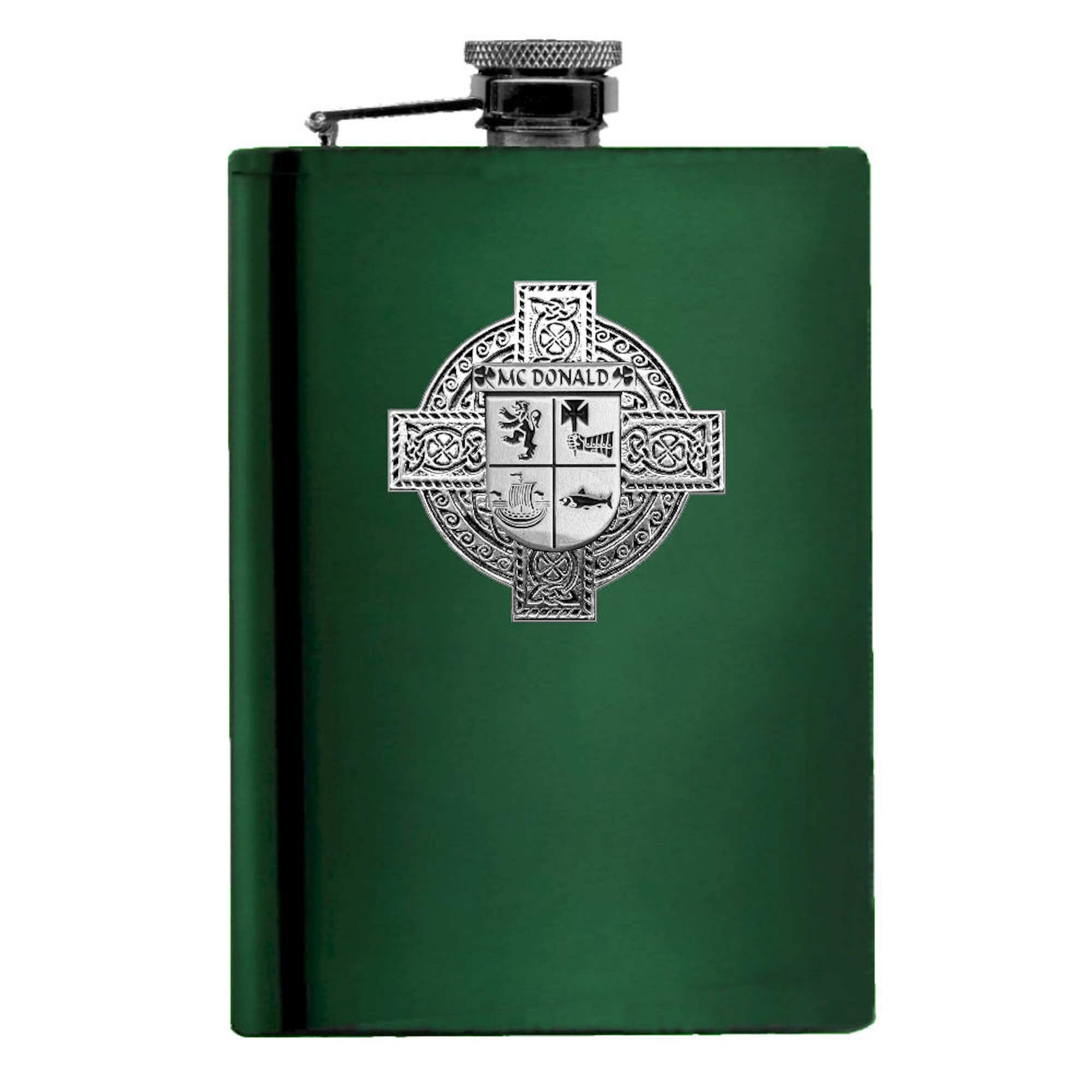 McDonald Irish Celtic Cross Badge 8 oz. Flask Green, Black or Stainless 