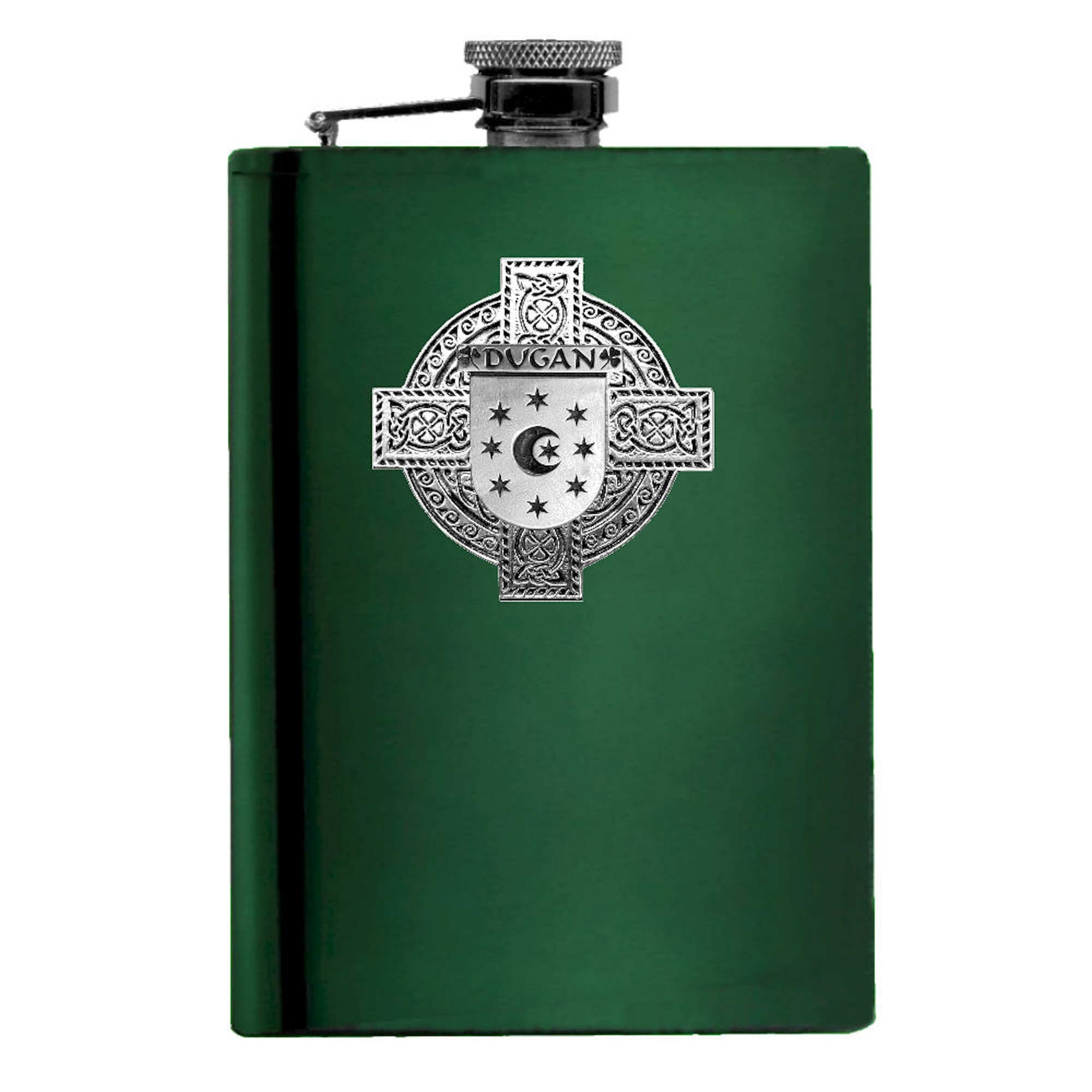 Dugan Irish Celtic Cross Badge 8 oz. Flask Green, Black or Stainless 