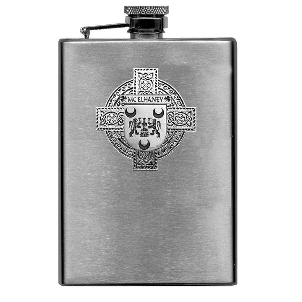 McElhaney Irish Celtic Cross Badge 8 oz. Flask Green, Black or Stainless 