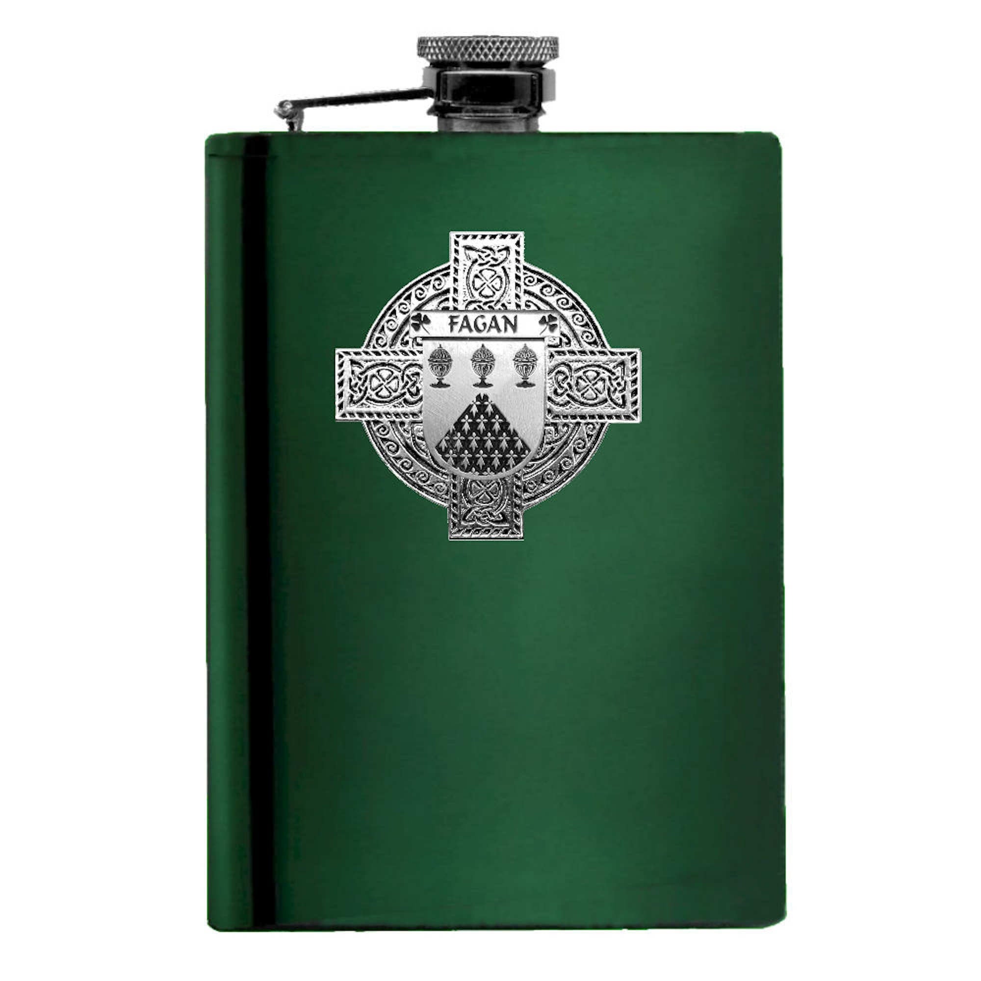 Fagan Irish Celtic Cross Badge 8 oz. Flask Green, Black or Stainless 