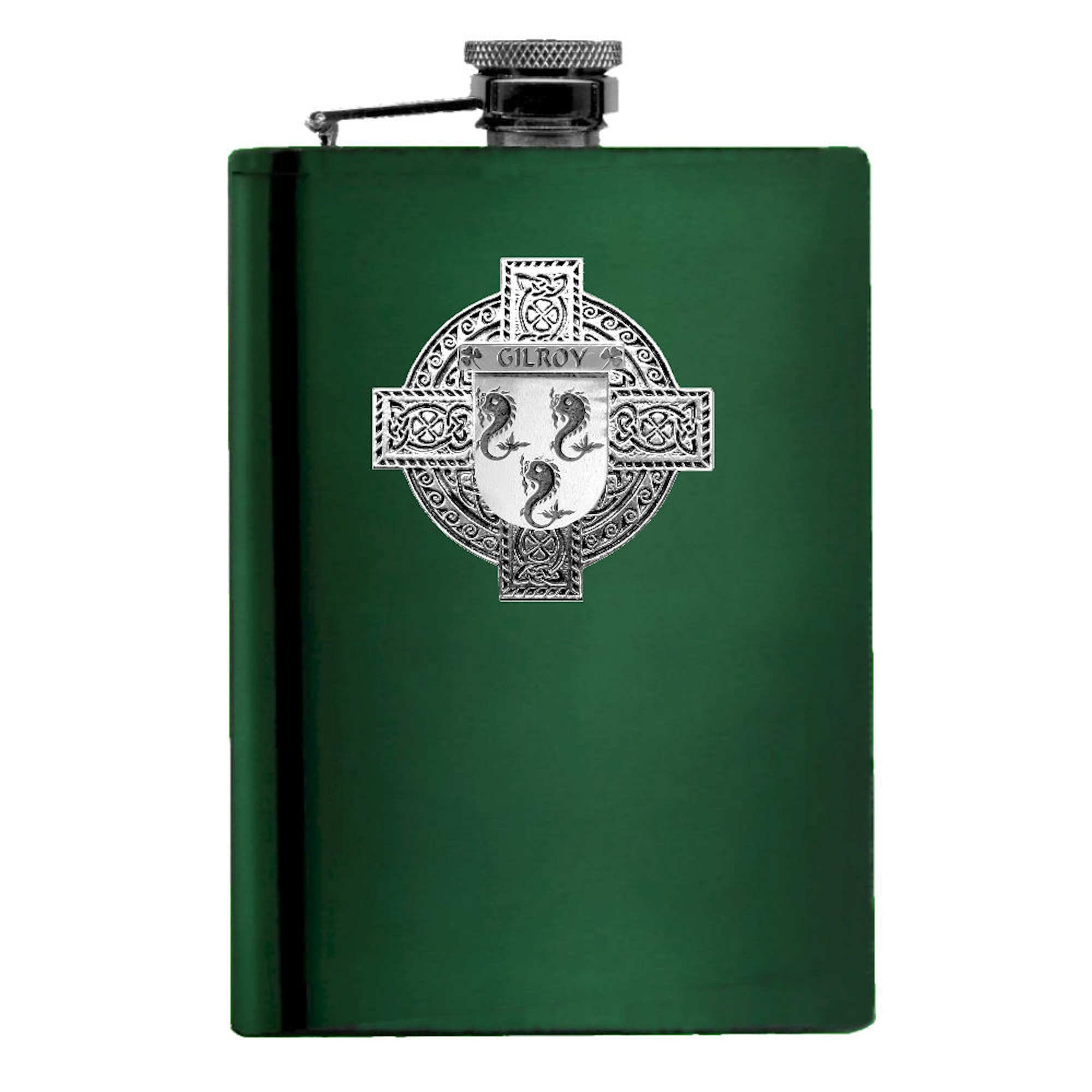 Gilroy Irish Celtic Cross Badge 8 oz. Flask Green, Black or Stainless 