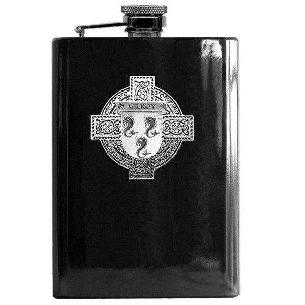 Gilroy Irish Celtic Cross Badge 8 oz. Flask Green, Black or Stainless 