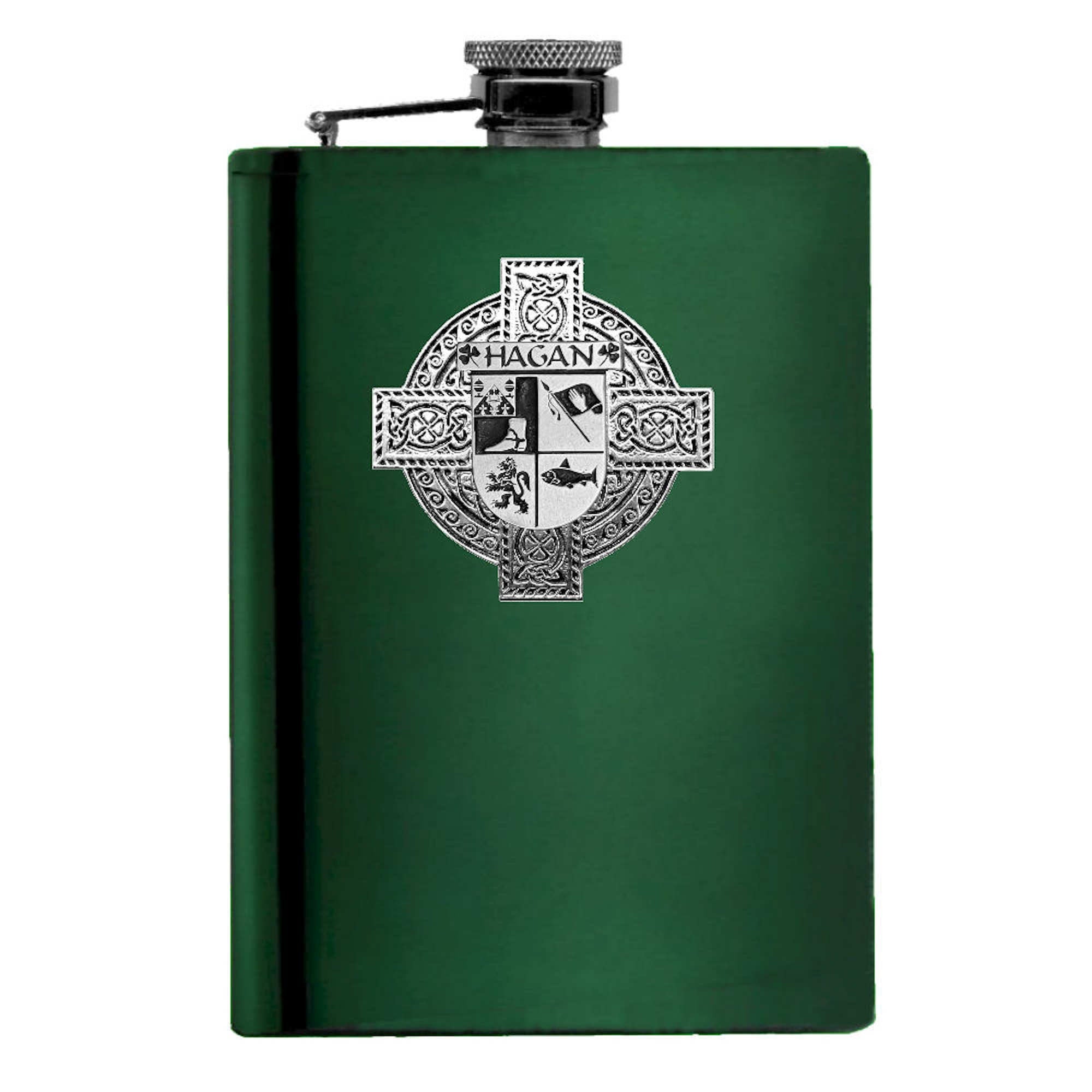 Hagan Irish Celtic Cross Badge 8 oz. Flask Green, Black or Stainless 