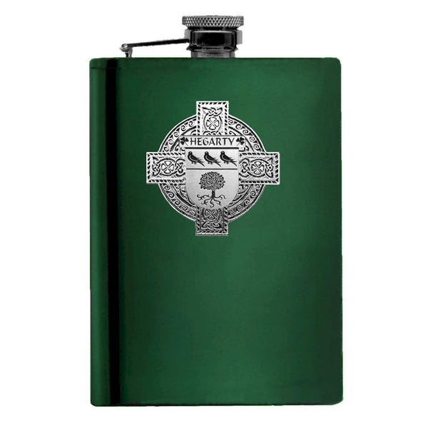 Hegarty Irish Celtic Cross Badge 8 oz. Flask Green, Black or Stainless 