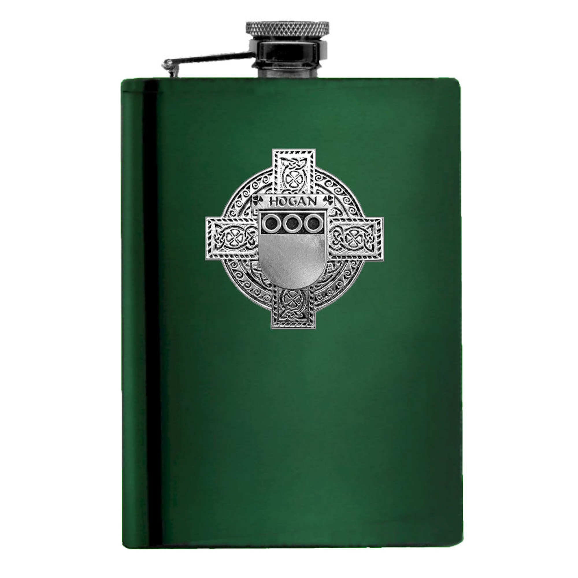 Hogan Irish Celtic Cross Badge 8 oz. Flask Green, Black or Stainless 