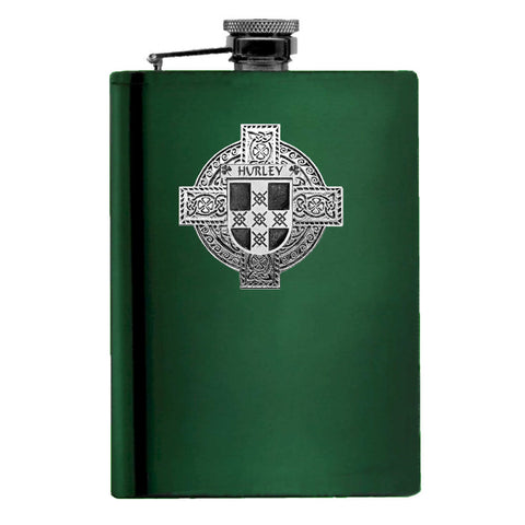 Hurley Irish Celtic Cross Badge 8 oz. Flask Green, Black or Stainless 