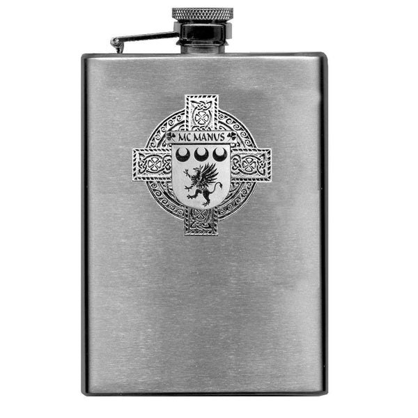 McManus Irish Celtic Cross Badge 8 oz. Flask Green, Black or Stainless 