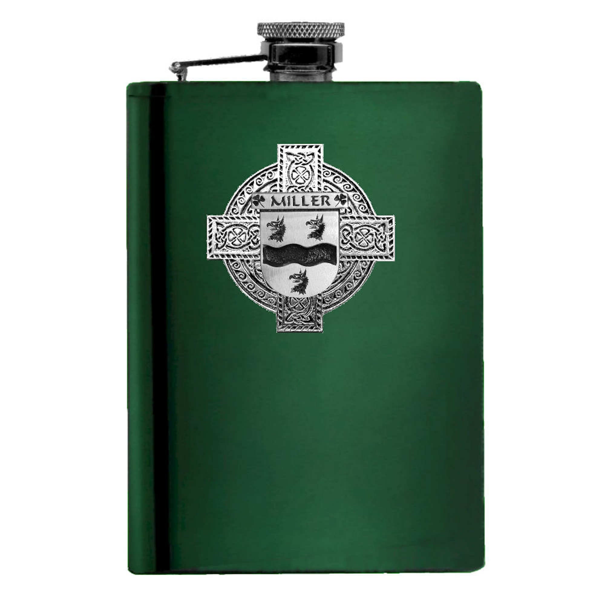 Miller Irish Celtic Cross Badge 8 oz. Flask Green, Black or Stainless 