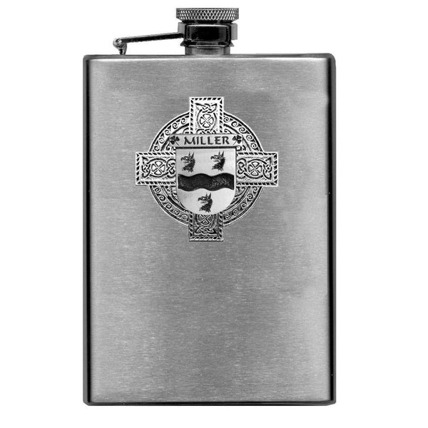 Miller Irish Celtic Cross Badge 8 oz. Flask Green, Black or Stainless 