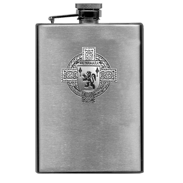 McNamara Irish Celtic Cross Badge 8 oz. Flask Green, Black or Stainless 