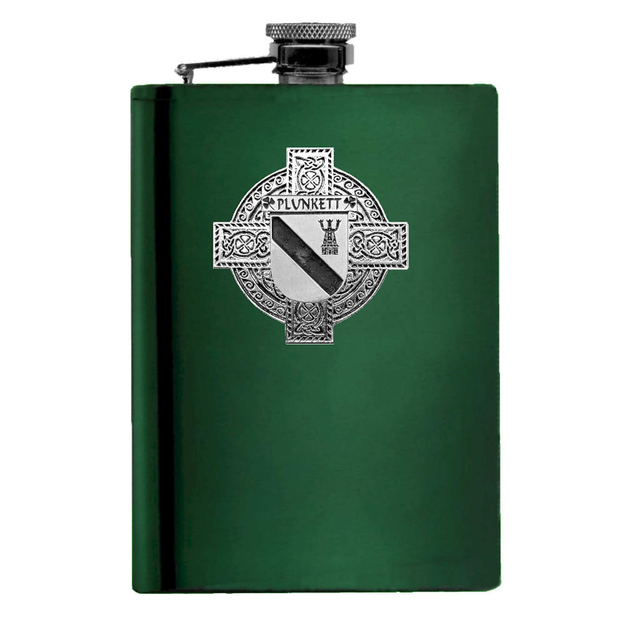 Plunkett Irish Celtic Cross Badge 8 oz. Flask Green, Black or Stainless 
