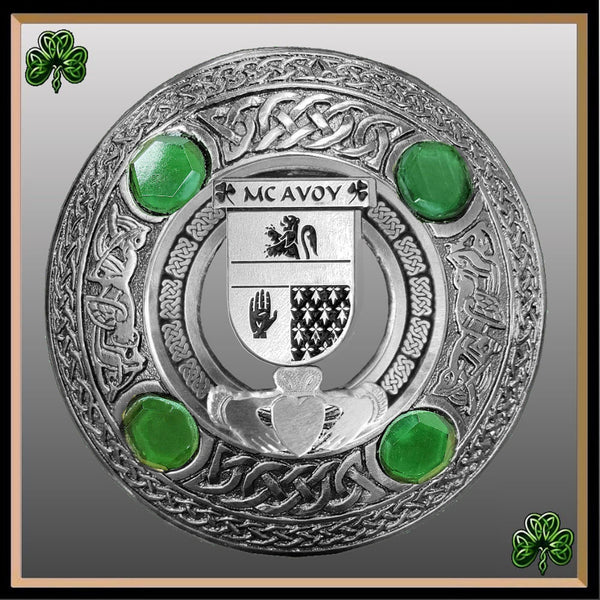 McAvoy Irish Claddagh Coat of Arms Plaid brooch ~ Emerald stones