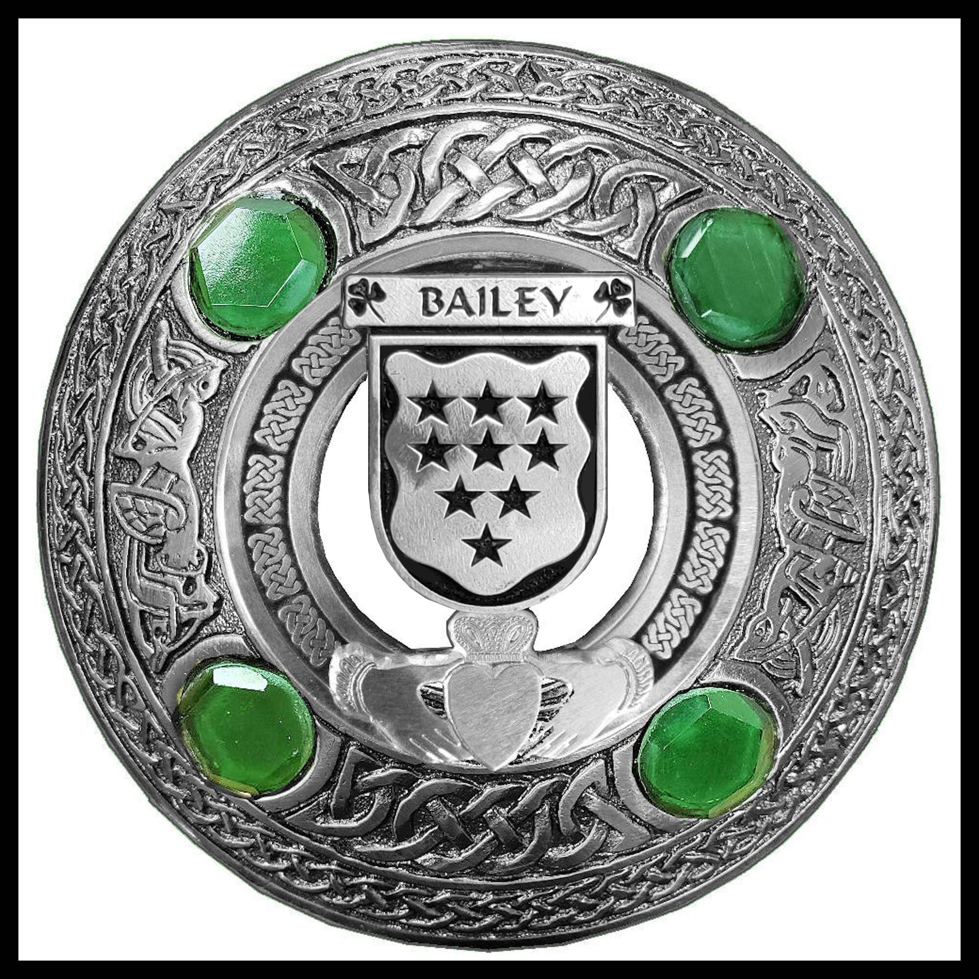 Bailey Irish Claddagh Coat of Arms Plaid brooch ~ Emerald stones