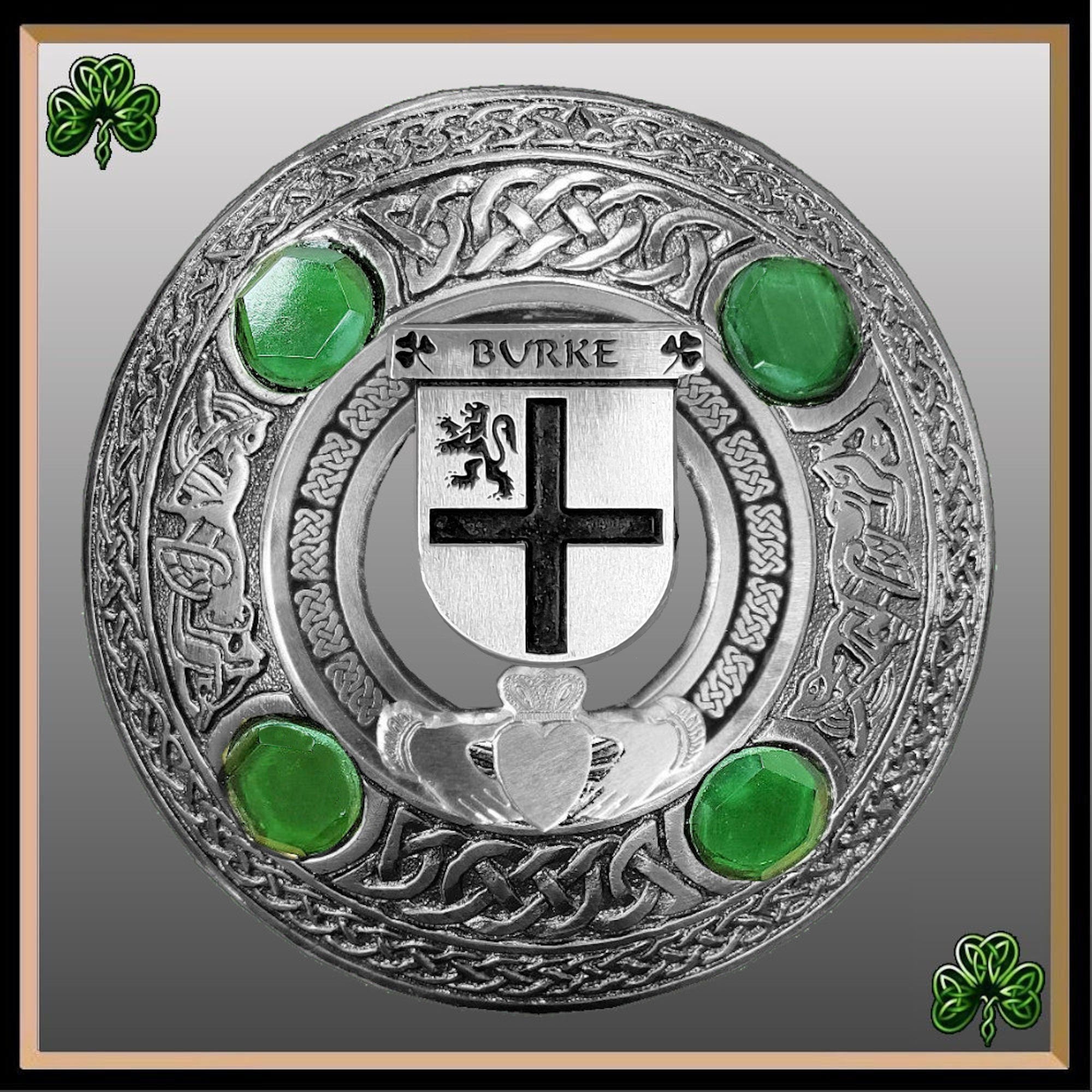 Burke Irish Claddagh Coat of Arms Plaid brooch ~ Emerald stones