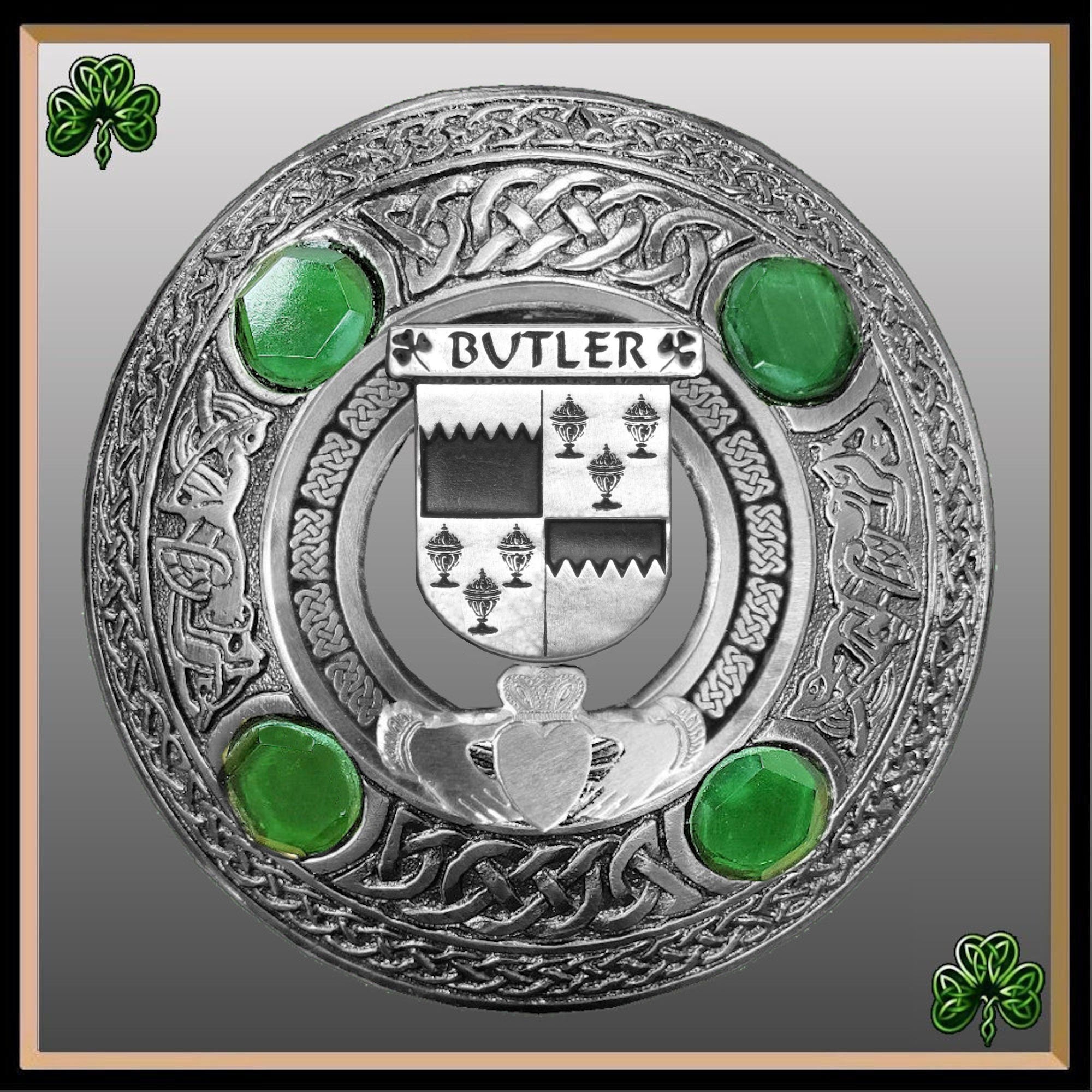 Butler Irish Claddagh Coat of Arms Plaid brooch ~ Emerald stones