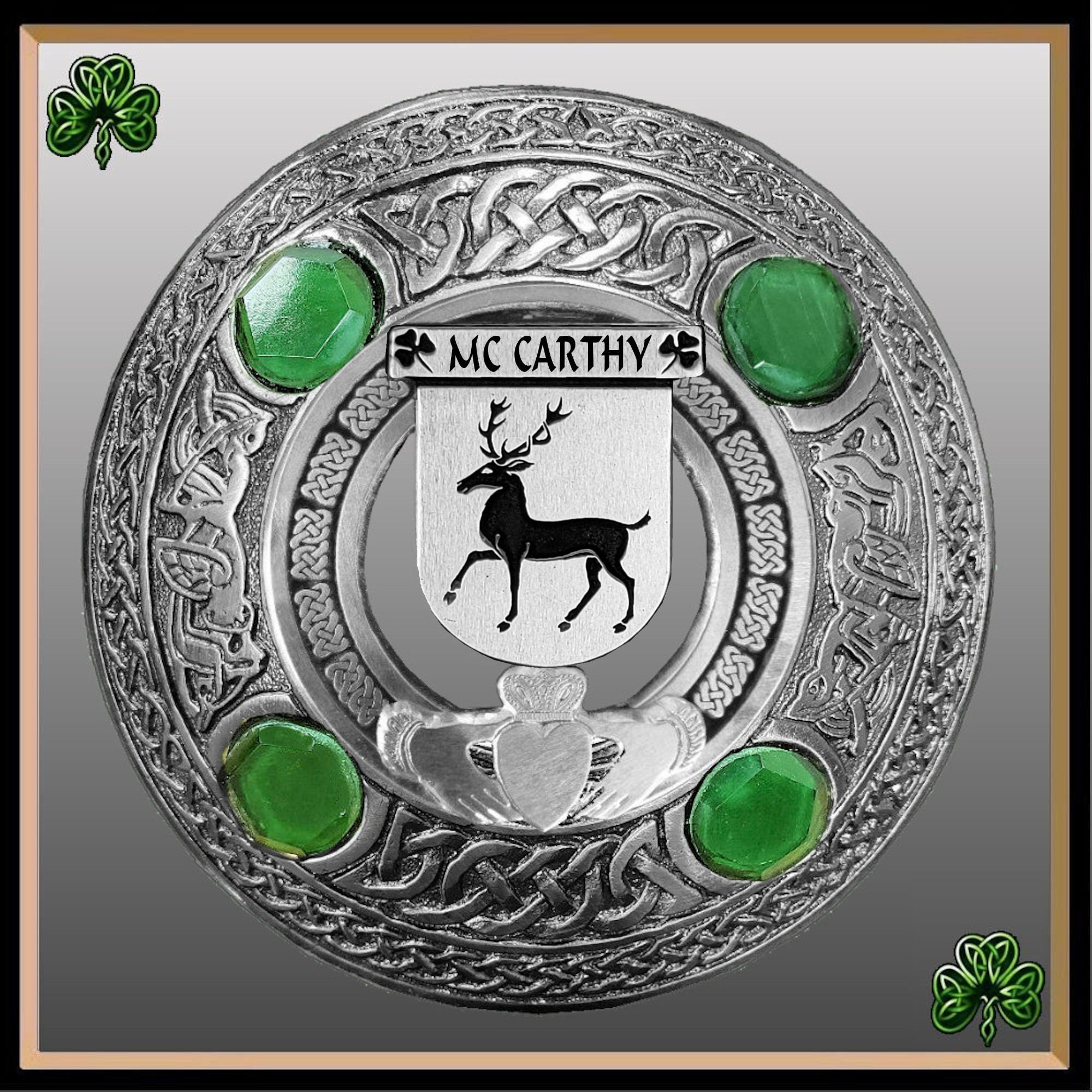 McCarthy Irish Claddagh Coat of Arms Plaid brooch ~ Emerald stones