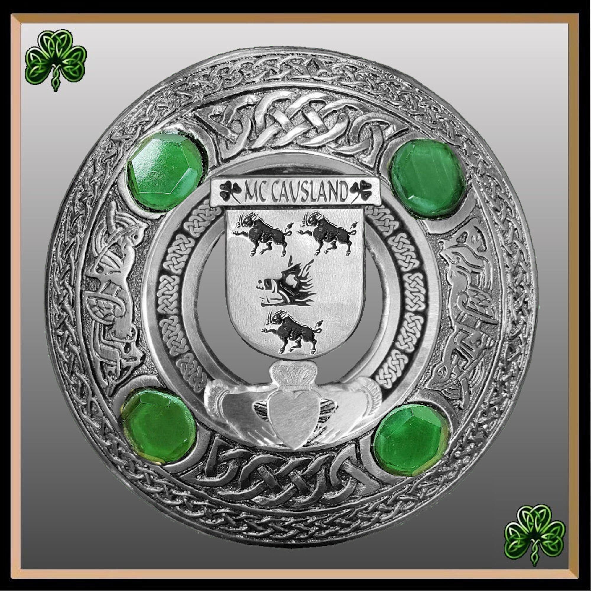 McCausland Irish Claddagh Coat of Arms Plaid brooch ~ Emerald stones