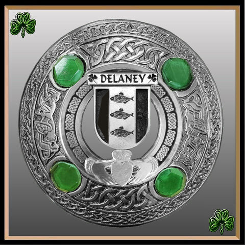 Delaney Irish Claddagh Coat of Arms Plaid brooch ~ Emerald stones